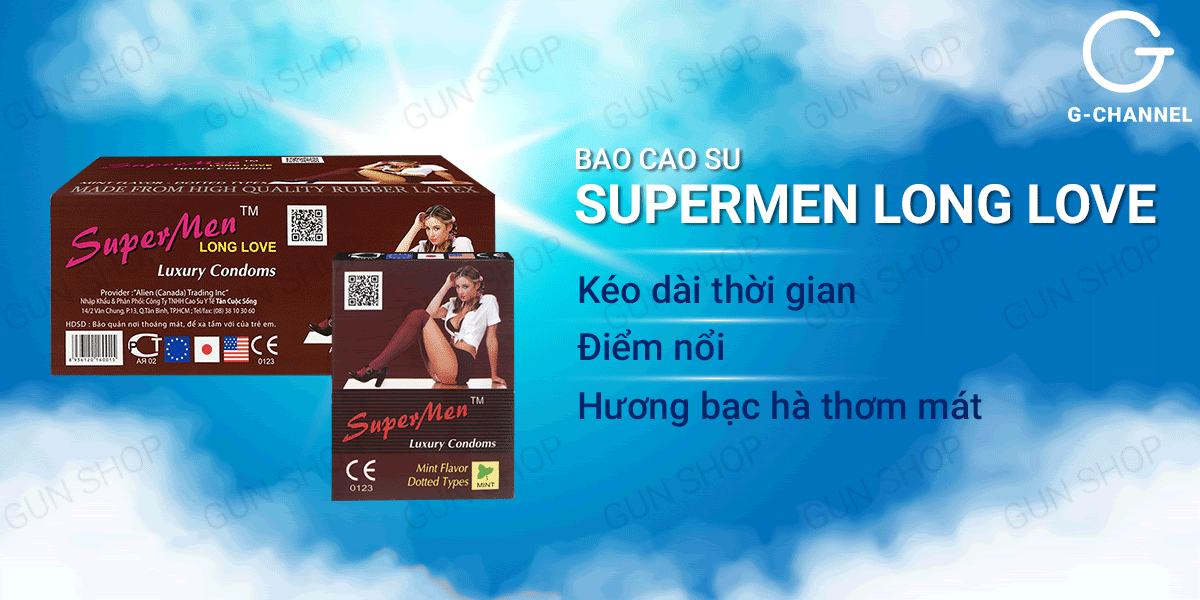 Bảng giá Bao cao su Supermen Long Love - Kéo dài thời gian - Hộp 120 cái mới nhất Bảng giá Bao cao su Supermen Long Love - Kéo dài thời gian - Hộp 120 cái mới nhất